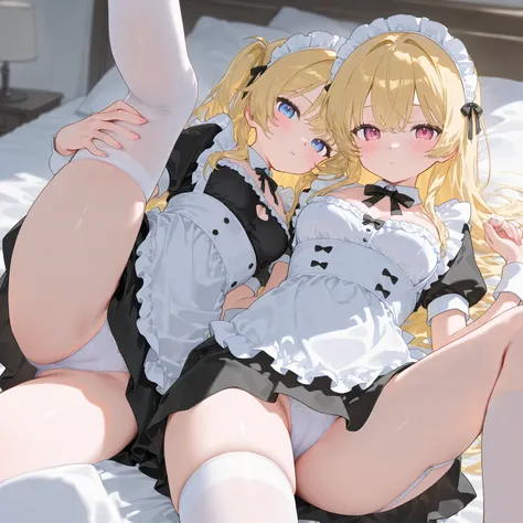  2 cute girls  、 maid clothes、 on the bed、  and raise your leg