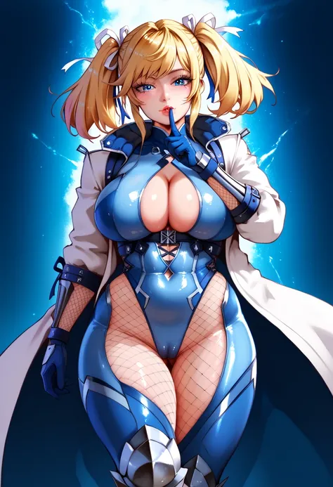 BREAK perfect hands, perfect finger, perfect anatomy, masterpiece, best quality, realistic, hyperrealistic, 16k hdr, BREAK 1 mature female, shinganji, blonde hair, short twintails, hair ribbon, blue eyes, huge breasts, blue bodysuit, cleavage cutout, cross...