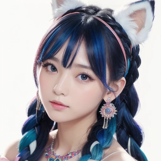 masterpiece,  best quality,  high resolution, (  white background : 1.4), [ glitter], [ is staring at the viewer, portrait, Art by 1 cute Chinese girl ], ( long hair,   blue hair , Wave Curl,   Multi Color Twisted Big Braid: 1.3, Fluffy fox ears, Air Van),...