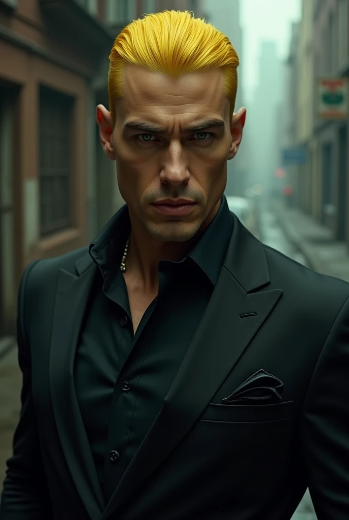 handsome man,Black-shirted mafia, yellow-haired,green eyes