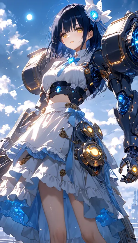 Final Boss。 black hair bob cut。 golden eyes。Machine Eyes 。rooftop。 mechanization。cable terminal。Gadgets。The back is a machine。 long skirt。Black Iron Armor。 maid headdress。light blue light。battle。delicate。 maid clothes。Strengthen the outer frame。 big black ...