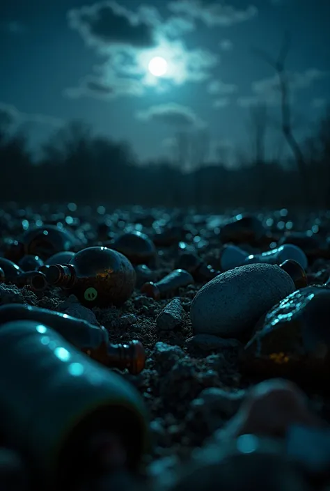 A dark night scene with a garbage field. The moonlight barely illuminates strange shadows and faint glowing eyes in the piles of trash. Broken bottles and metal pieces appear to vibrate, creating ominous sounds."
