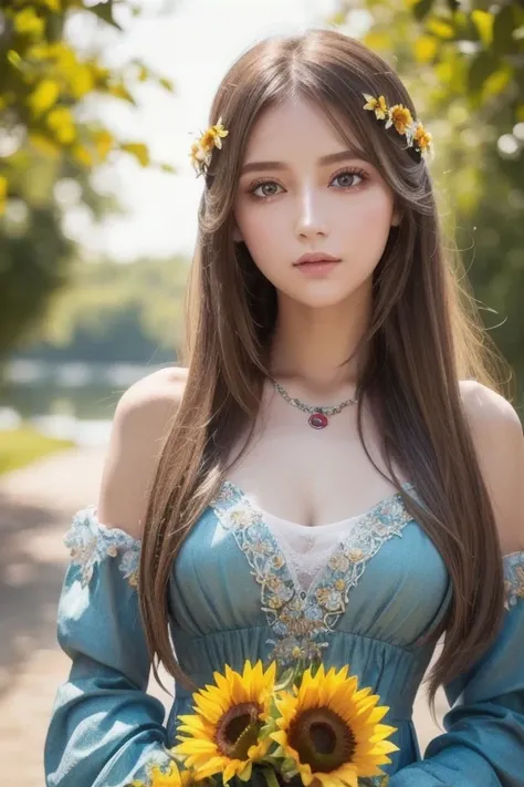 (  Absurdly ,  High Quality  ,  ULTRA DETAIL ) ,( Handmade ) ,  1 girl, Alone,  mature,   very long hair , Sunflower Hair ,  beautiful crystal eyes  ( Eye details ) Baroque,  necklace,  long dress ,  Long Sleeve ,  elegant ,  colorful ,  Best Details ,  up...