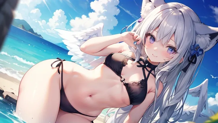  sex、 creampied、 pussy、 M lettering、Nipples、Ecstasy face、 at the top、summer、sea、ruins、 low angle、Cumulonimbus、 slender、 Cute Poses、 long gray hair closer to the right、smile、 black bikini 、 Cool Personality、Hakushu Azusa、White Wings、Floral decoration、Light ...