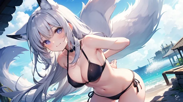  sex、 creampied、 pussy、 M lettering、Nipples、Ecstasy face、 at the top、summer、sea、ruins、 low angle、Cumulonimbus、 slender、 Cute Poses、 long gray hair closer to the right、smile、 black bikini 、 Cool Personality、Hakushu Azusa、White Wings、Floral decoration、Light ...