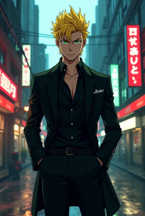 handsome man,in black ,yellow hair,Green eyes with background of places like animated mafia like Chifuyu Matsuno in Tokyo Revengers 