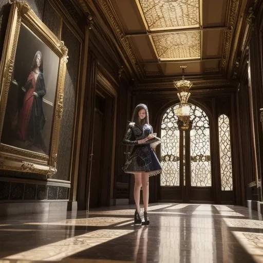  A Young and Complex Woman in the Royal Palace, Wide-angle lens/2.8,  Super Ultra Ultra High Resolution Complex Textures  , Texture Indentation, The perfect perspective, Perfect Geometry, Ultra Crazy Ambient Lighting ,  Super Crazy Ambient Shadows , Lumini...