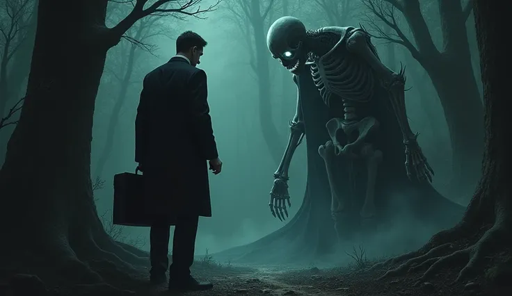 the forest, man in a black business suit with eyes shining white, with a diplomat in his hands , talks to a terrible skeleton by death 