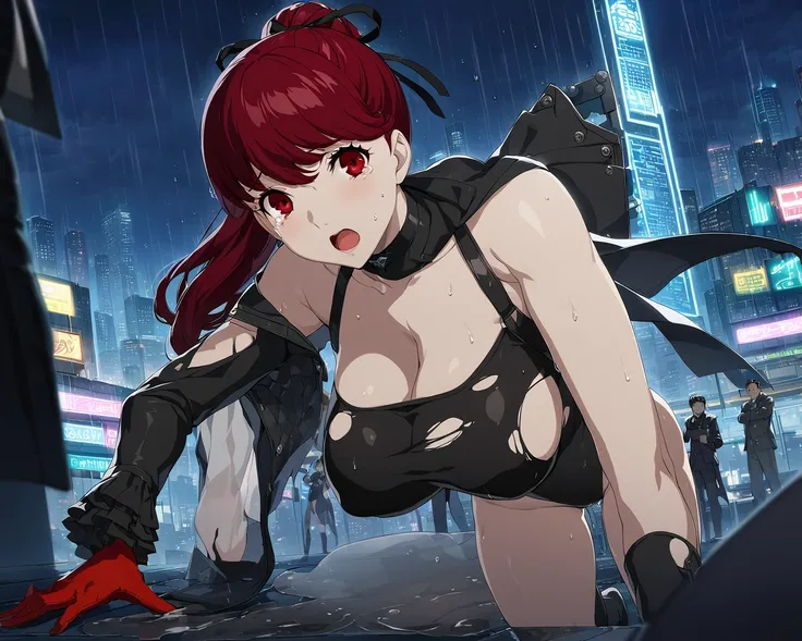 dsviolet, red hair, long hair, ponytail, red eyes, black ribbon, hair ribbon, black leotard, jacket, thigh boots, choker, frilled sleeves, coattails, red gloves, 1girl, solo
BREAK
standing, futuristic city, neon lights, rooftop, night, looking at viewer, d...