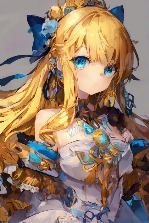 A tall anime girl with a slender body and no chest, featuring stunning, very light shiny blue eyes that sparkle. Her hair is extremely long, flowing, and bright yellow, creating a striking contrast against her delicate features. She has an ethereal, almost...