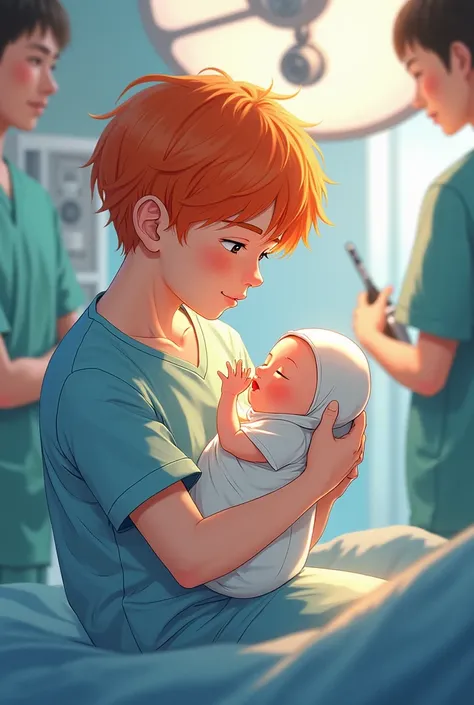 Anime teen boy with orange hairs and eyes wearing patient  dress holding a baby in operation room bed with doctors 