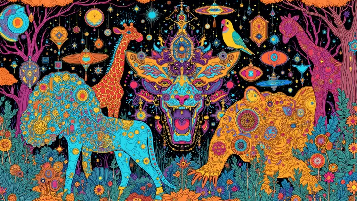  Jungle and Animals Drawn with Thin Face Brushes , and other items 々, dmt Death of Ego , Exquisite Futuristic Art    , DMT Art,    DMT Egodes    ,     Art drawn by Keiichi Tanaami in the style of Dan Mumford and Alex Grey,  Psychedelic Transart ,  Ultra De...