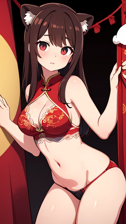 an image of a tall,fair-skinned Chinese woman with long,flowing dark brown hair. She has an oval face,large expressive eyes,and soft pink lips. She is holding a round red Chinese lantern with a golden dragon,She is slightly turned towards the camera with a...