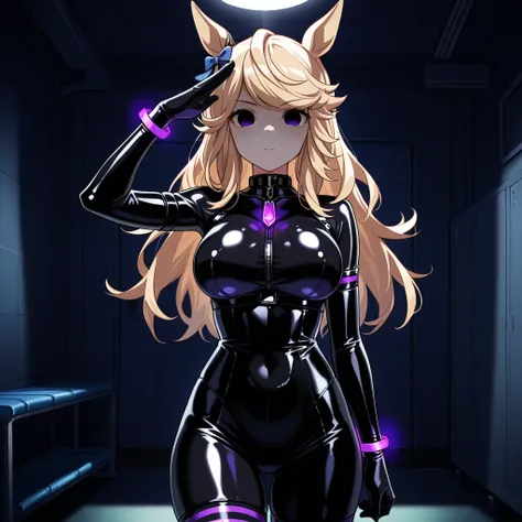 Gold City\(Uma Musume\),((  purple glowing jewelry)),  under bust, chest, ( two breast ),(( Hollow Eyes )), purple eyes, Shining Eyes,Serious,  expressionless , (( latex skin  tight ,  tight , skin black  tight ,black latex  tight  a glossy outfit)),  stan...