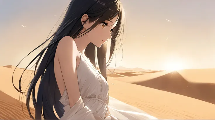 "A close-up shot of a cute girl with long black hair, focusing on her waist and above. Her expression is serene, with her eyes softly gazing off into the distance, as if lost in thought. Her hair flows gently in the breeze, catching the light and creating ...