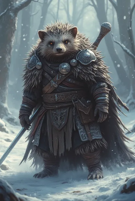 hedgehog viking,Fantasy style,  masterpiece , Best quality, Super Detail,4K, standing in a Scandinavian winter forest ,  extremely detailed 8k photo with very realistic depiction ,  dramatic lighting ,  kinematic composition, epic fantasy scene ,