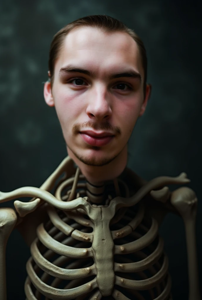 they, a young and masculine man ,  represented as a figure half human and half skeleton .  My human side shows strong and expressive features ,  while the skeletal side reveals detailed bones ,  with realistic textures that reflect a mixture of the living ...