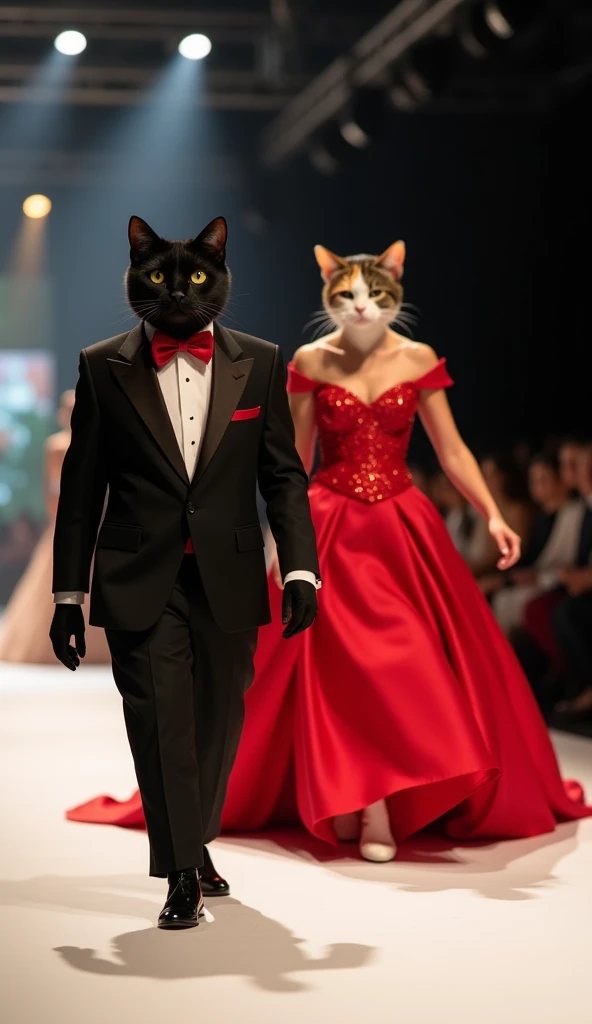 A black Bombay cat and a calico cat, gracefully walking forward on a runway under bright spotlights. The black Bombay cat is dressed in a classic black tuxedo with a red bowtie, while the calico cat is in a bold red gown with a dramatic train. Their confid...