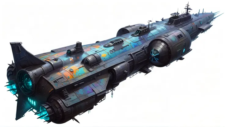 Create an epic fantasy RPG painting of a floating submersible warship, underwater futuristic submarine, floating, submersible warship, Midjourney effect, LoL Arcane style, hand painted, harmoniously blending 2D and 3D styles, watercolor with graffiti and o...