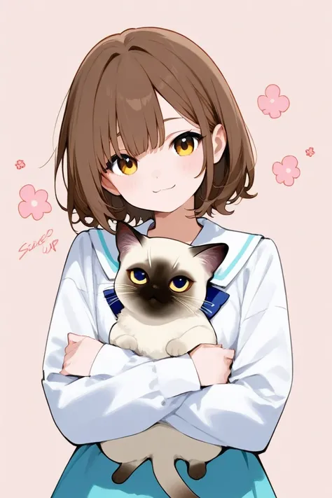 create a drawing of an anime girl with long brown hair side bangs holding a siamese cat and a white kitty