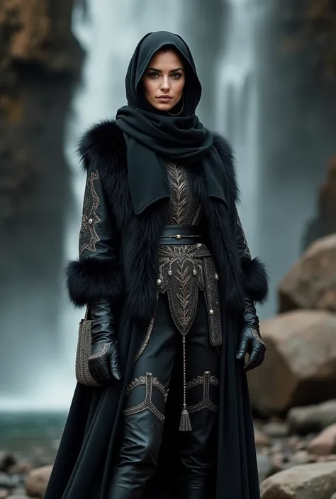 A stunning woman, dressed in a hijab, is elegantly adorned with a traditional keffiyeh scarf gracefully draped around her neck. She wears a flowing, warrior-inspired black abaya with intricate designs, layered with a luxurious fur jacket, exuding an aura o...