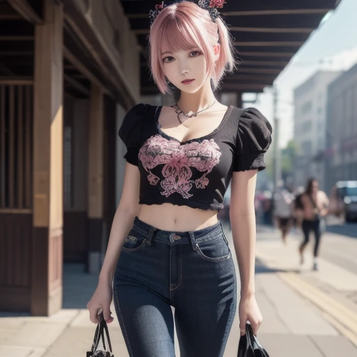 (masterpiece), ( best quality), ( high resolution),   Details, (複雑な Details 1.2), (Hyper   Details 1.4), (Ornate Digital Art 1 .2),   ridiculous ,  1 girl,  small breasts, teeth,  hair ornament, Alone,  pink hair with a scar, ( black shirt:1.3),  jeans, (s...