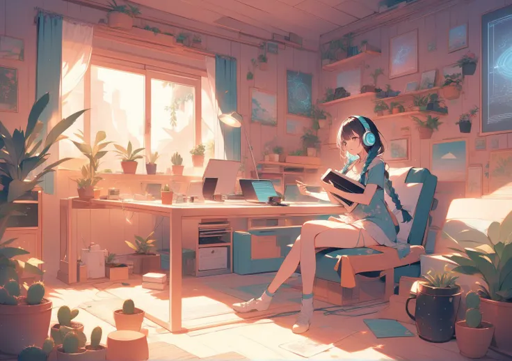  beautiful woman with braids with glowing wires inside。  headphones、 holding a musical instrument 。 singing with my mouth open 。Composing music in a cute room with lots of cactus motifs