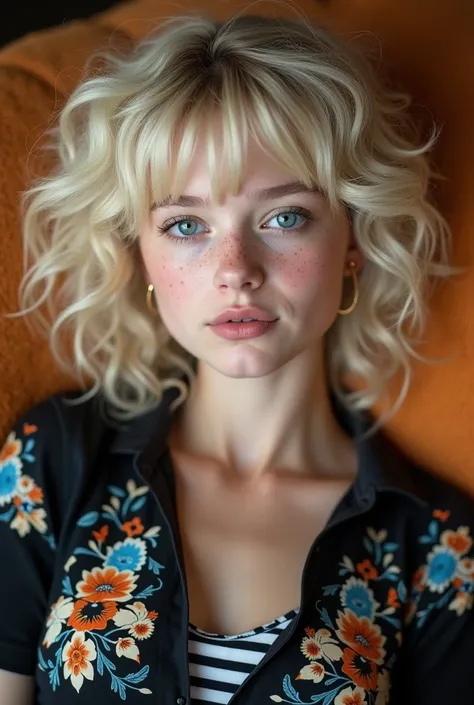 The individual has pale, freckled skin with a natural, youthful glow. Their light blonde, almost platinum curls cascade loosely, with short bangs framing their forehead. The hair texture appears soft and voluminous. They have striking light blue-gray eyes ...