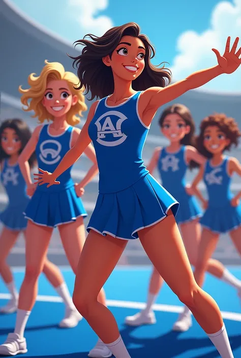 Cheerleaders wearing blue uniforms and Alpha and Omega logos