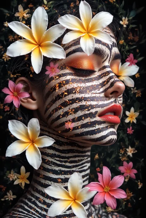 Image is a digital artwork featuring a surreal portrait of a human face intertwined with vibrant flowers. The style is abstract and colorful, with a dark background that accentuates the vivid hues. The face is painted with zebra-like black and white stripe...