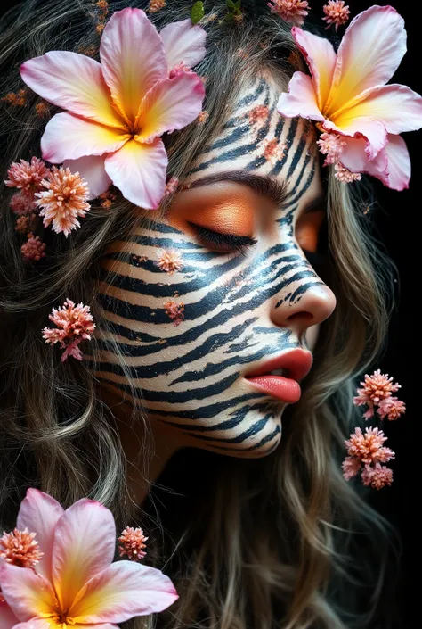 Image is a digital artwork featuring a surreal portrait of a human face intertwined with vibrant flowers. The style is abstract and colorful, with a dark background that accentuates the vivid hues. The face is painted with zebra-like black and white stripe...