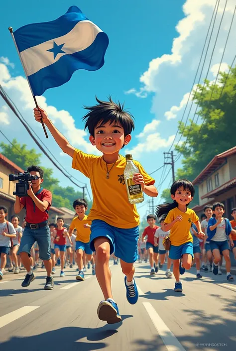  Create a cartoon of a Japanese man measuring 1.65 in height , Little eyes about 30 years old small hair, a short, carrying a flag of the country Honduras and a water bottle with a transparent and gold label that says PREMIUM in blue, running with many sch...