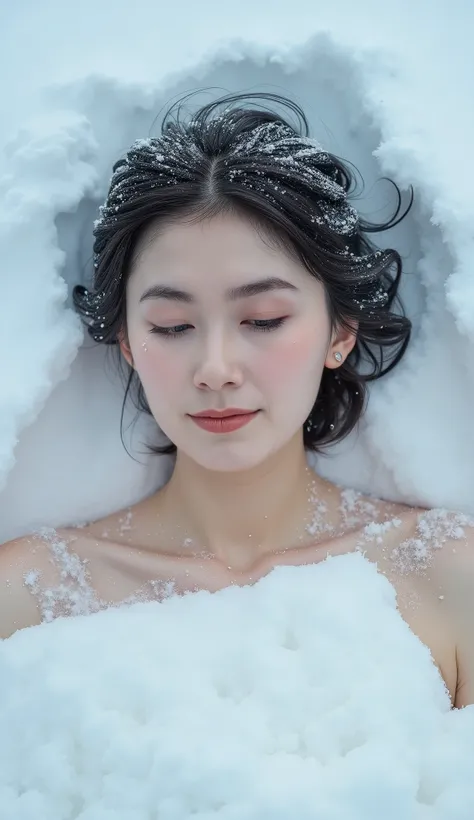 A high resolution photograph of a Japanese woman buried in the snow with only her upper shoulders exposed. Powder snow falls on her. Intricate details, 8k,