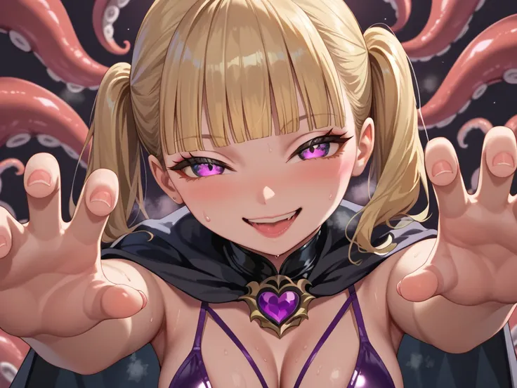 score_9, score_8_up, score_7_up, score_6_up, masterpiece, best quality, solo, close up, face only, face focus, POV, bad girl, villain look, slut, blonde twin-tails hair, blunt bangs, latex purple bikini under the black cape, medium breasts, (evil smile), (...