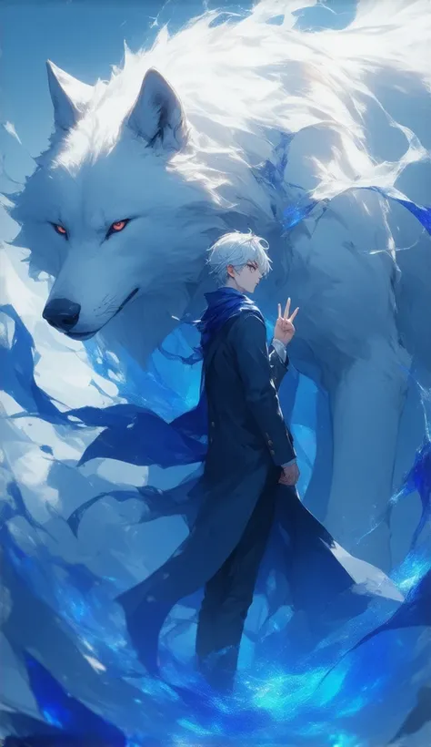  best quality、 masterpiece、Ultra high resolution、（ photo realistic：1.4），4K， delicate details without lighting　 youth　Short silver hair　 blue school uniform　A character making a peace sign　 kind expression　Giant white wolf　Pure white coat 　 red eyes　 mystic...