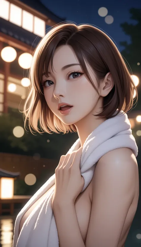 masterpiece, high resolution, illustration, Kyoto Animation Style , Movie Style: Your name, night , mid night , Gentle Light, Attractive light , ( female 1 person: 1.3), (alone: 1.4), Long eyelashes , Short Bob, nose_, open_mouth, futon, nud...