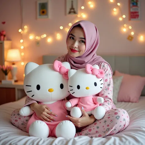 Professional photography shows a beautiful Indonesian woman in a hijab wearing a Hello Kitty pajamas with a slightly chubby body, bright eyes, and natural red lips, posing charmingly on a spring bed while holding a large Hello Kitty doll, the background of...