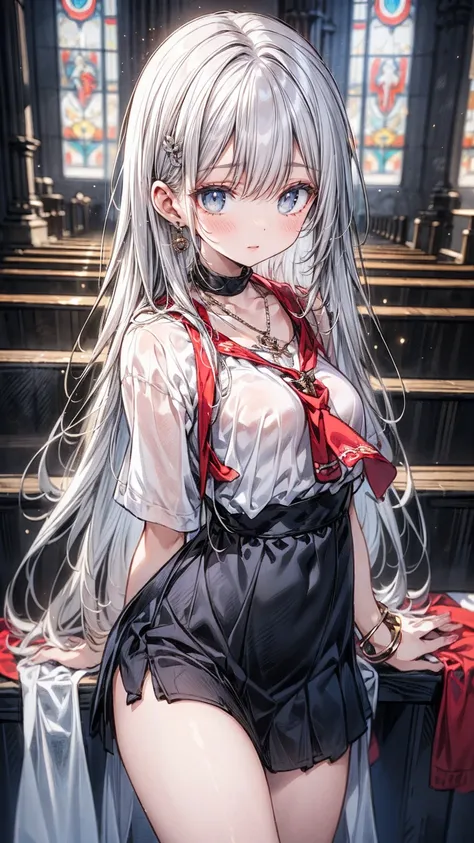 ((flat anime, 2D, 1girl:1.2)), ((12-years old:1.1, lolli:1.3)), (silver long hair:1.5), reflective hair, ((focus on breasts:1.3)), (natural skin:1.3), (natural looking makeup:1.5), (slender:1.4), ((small breast:1.5)), BREAK, ((prayer:1.3)), (necklace, earr...