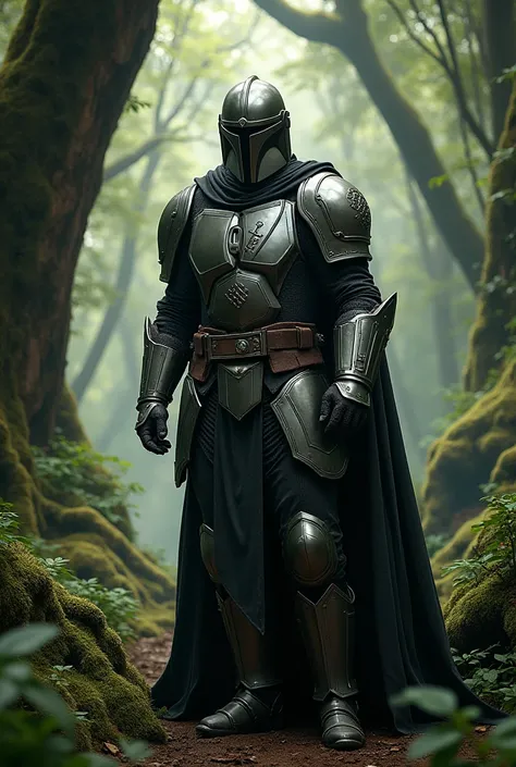 A knight in a secluded forest. With armor like a mandolorian and a knight templar