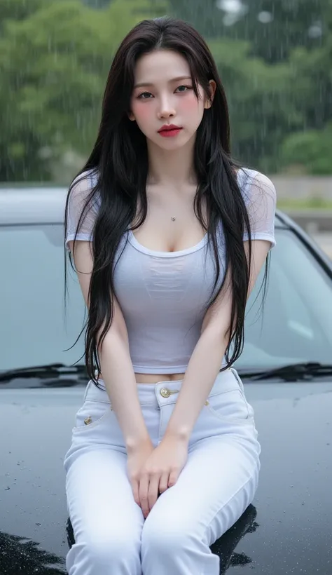 a female teacher ,   sitting on top of the car in the rain,  wet whole body ,  leaning with both hands,   front facing body and legs, use a transparent t-shirt of white color,  use trousers to the toe of denim material of white color,   big boobs, flaming ...