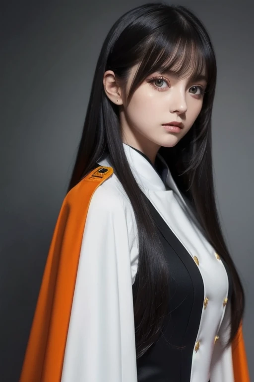  white **-****-*** girl with long black hair is wearing a military uniform,  Orange Cape , Big hazel eyes,  Science Fiction , Dark mood, 