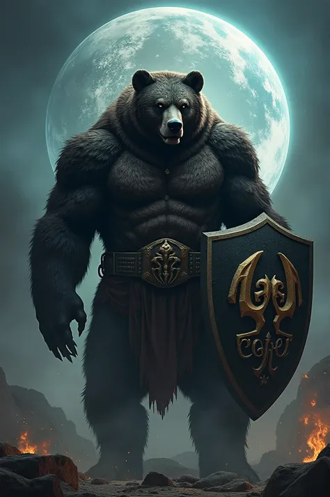 create an evil queen bear and king bear concurring the globe with embedded "Gen Clan" on his shield