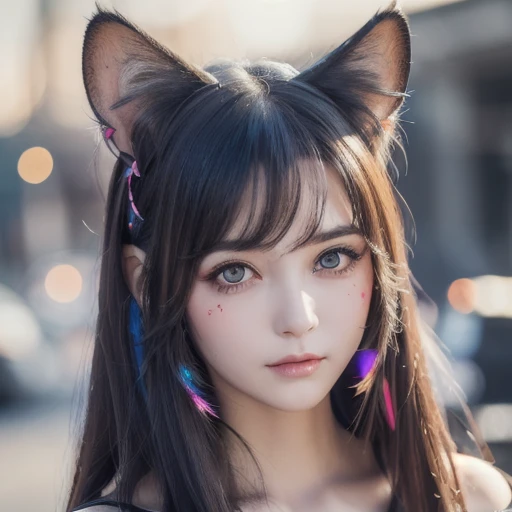 (masterpiece,  best quality), (( 1 girl, ( mature woman)  long hair), (Star-shaped pupils,  +_+, Symbol-shaped eyes , Sparkling Eyes), (Cat ears,   open mouse)), ( viewers, A faint smile,   off shoulder ), (Abstract,  multicolor background, Abstract backgr...