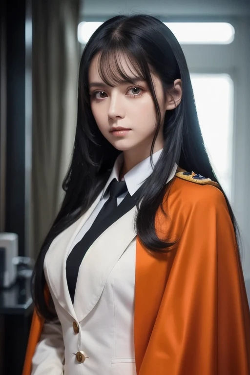  white **-****-*** girl with long black hair is wearing a military uniform,  Orange Cape , Big hazel eyes,  Science Fiction , Dark mood, 