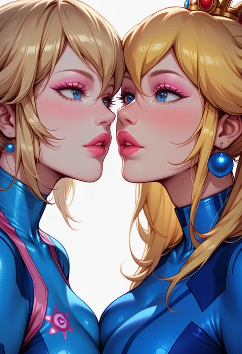 score_9, score_8_up, score_7_up, 2girls, duo, couple, beautiful waifu, (Samus Aran:1.3), (makeup, blue zerosuit:1.2), and beautiful waifu, (Princess Peach:1.4), (makeup, pink zerosuit:1.2), filled lips, thick lips, sexy eyes, detailed eyes, detailed face, ...