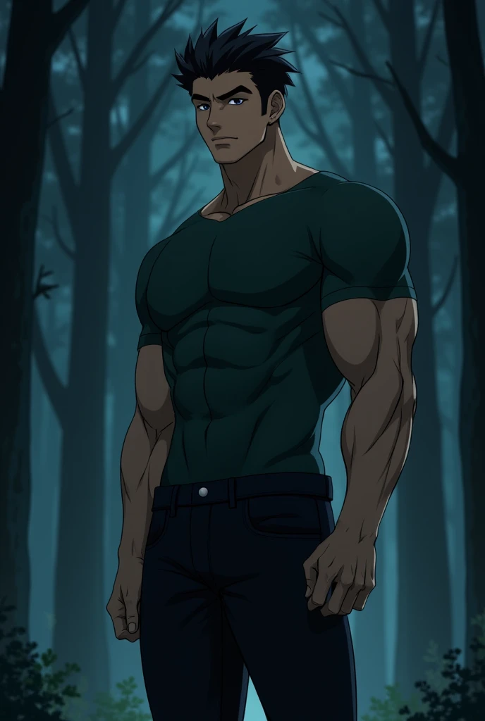 1 boy, tall, big frame, very muscular, revan black hair, light gray eyes, body tight clothes, long black jean, tight dark green shirt, big biceps and abs, forest background, night time, anime, boy, with a bulge on his jeans, erection