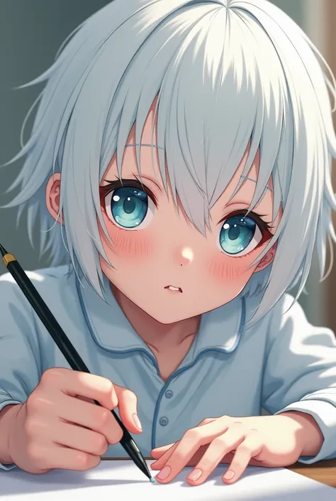 Photo of an anime girl with white hime cut hair,  ocean-blue eyes, drawing with Oshi No Ko strokes