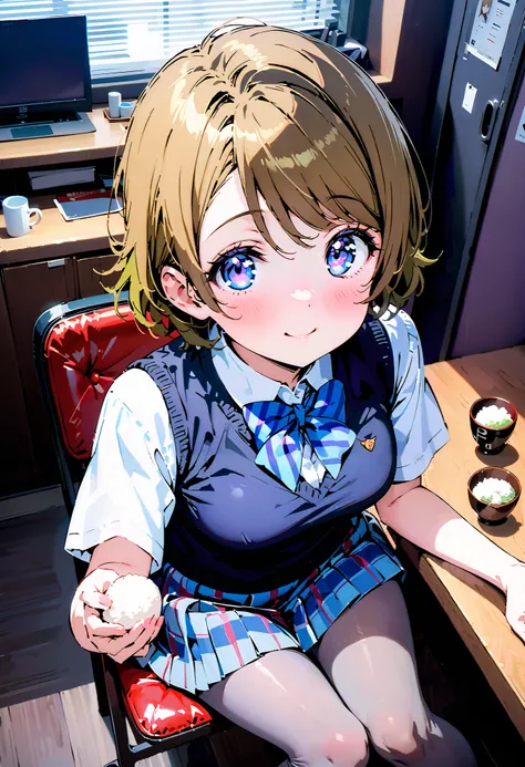 Hanayo Koizumi,  short hair while on a business trip, Alone, tea hair,  purple eyes,Medium breast,smile,blush, narrow your eyes, mouths,Glasses, skirt , bow,  school uniform ,  socks ,  check pattern ,  knee-high,  check pattern   skirt ,  sweater vest,  s...