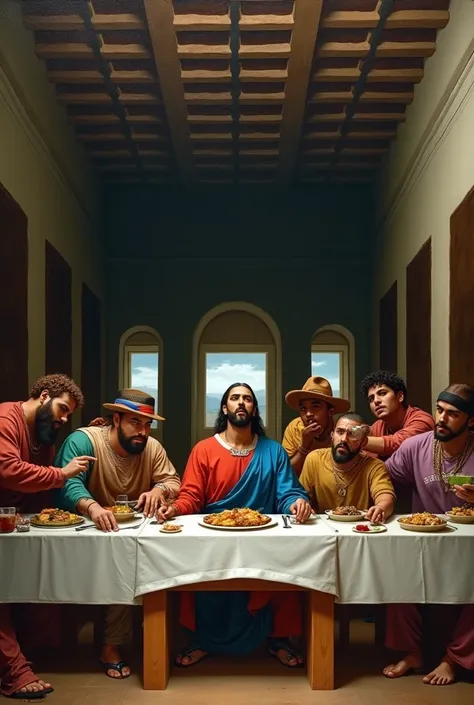 Recreate the play The Last Supper by Leonardo da Vinci, But change the characters to Bad Bunny, Danny ocean, Raw Alejandro, etc