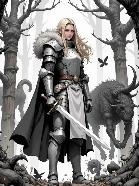 knight carrying a sword in the pose of a gallant,  and firm , and had a terrible smile, standing among the monsters that have been lying helpless, manga style, Predominantly black and white, background putih, and dramatic atmosphere 